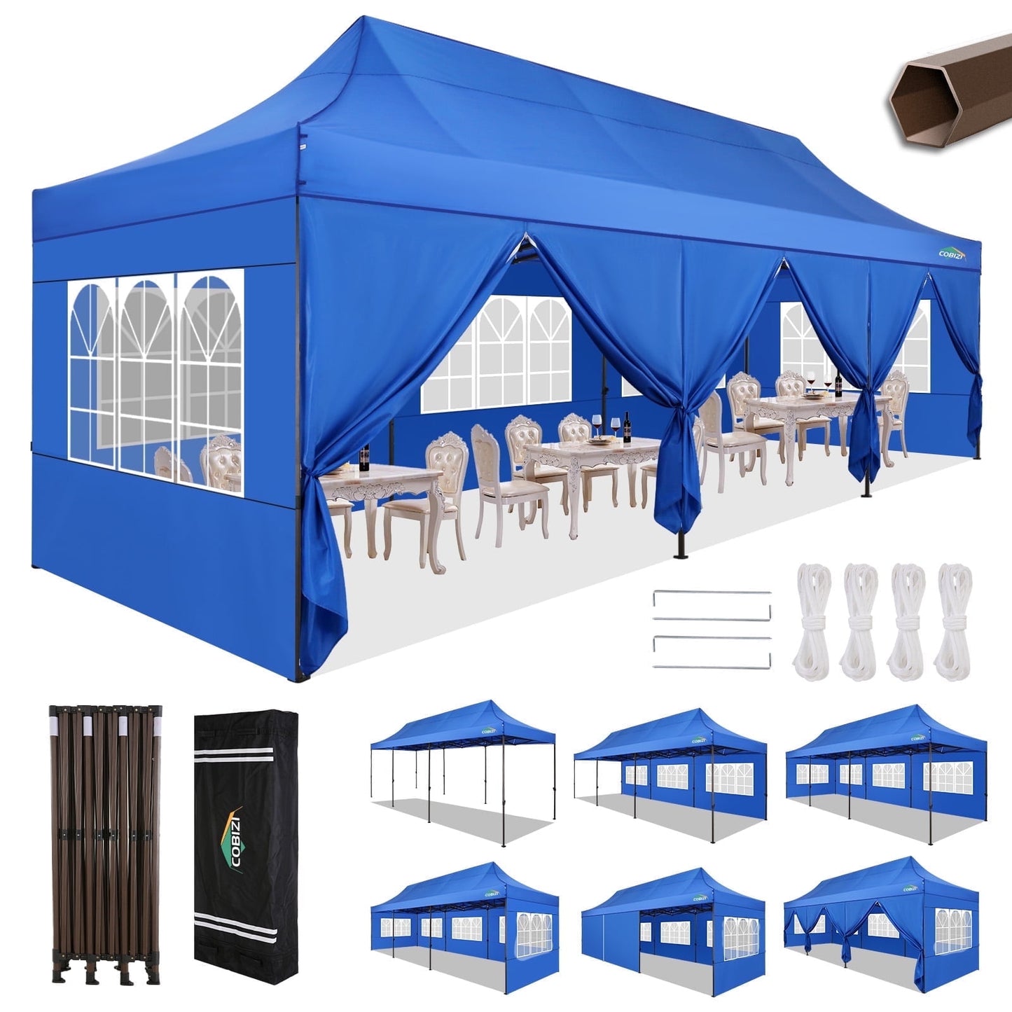 COBIZI Heavy Duty 10x30 Party Tent,Commercial pop up Canopy for Parties,Waterproof Gazebos, 8 Sidewalls,Waterproof UPF50+,Blue