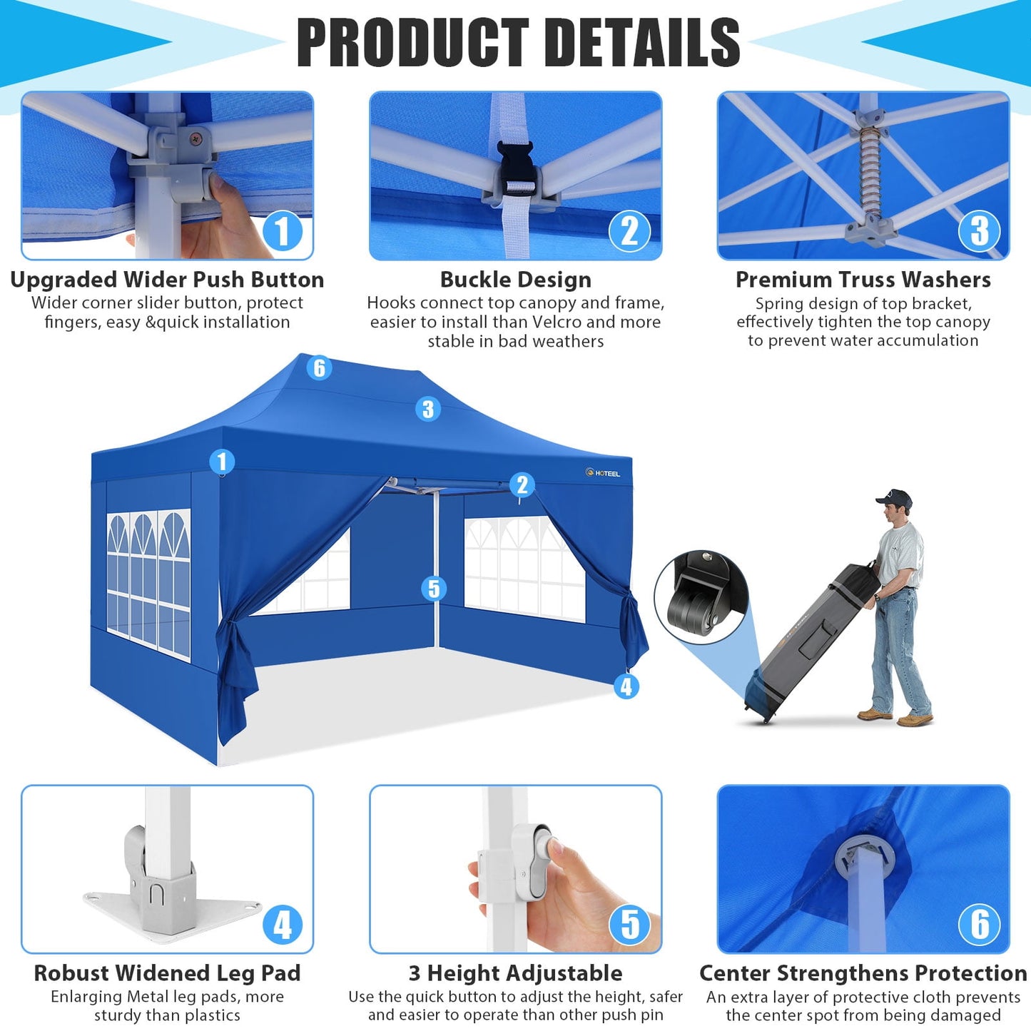 COBIZI 10x15 Pop Up Canopy Tent Heavy Duty with 4 Sidewalls Tents for Parties Outdoor Canopy Event Tent Wedding with Roller Bag,Upgraded UV 50+ , Thick Hexagonal Legs, blue