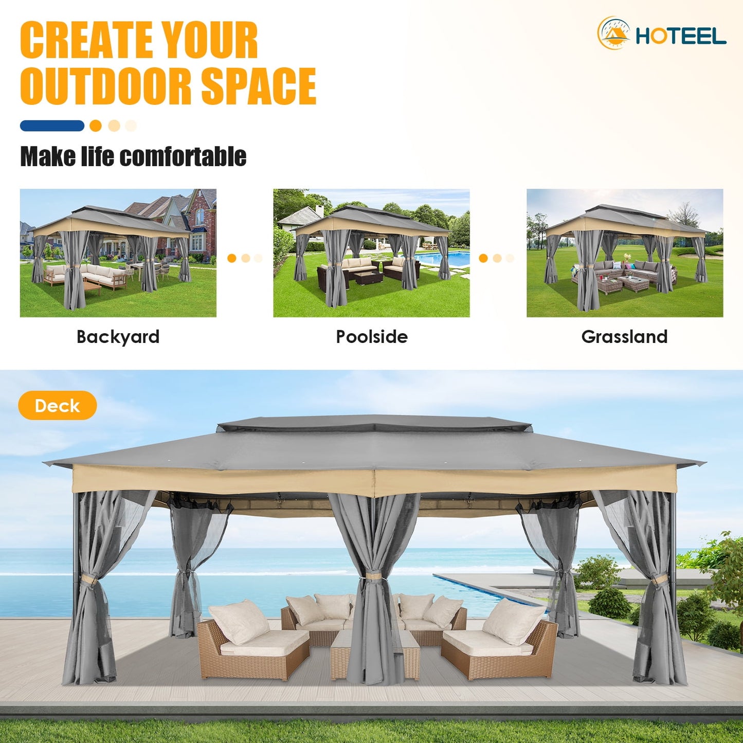 Hoteel Outdoor Gazebo 12x20 Patio Gazebo with Netting and Curtains Waterproof Gazebo with Double Roof Large Backyard Gazebo with Metal Steel Frame for Backyard, Lawn, Party, Garden, Gray