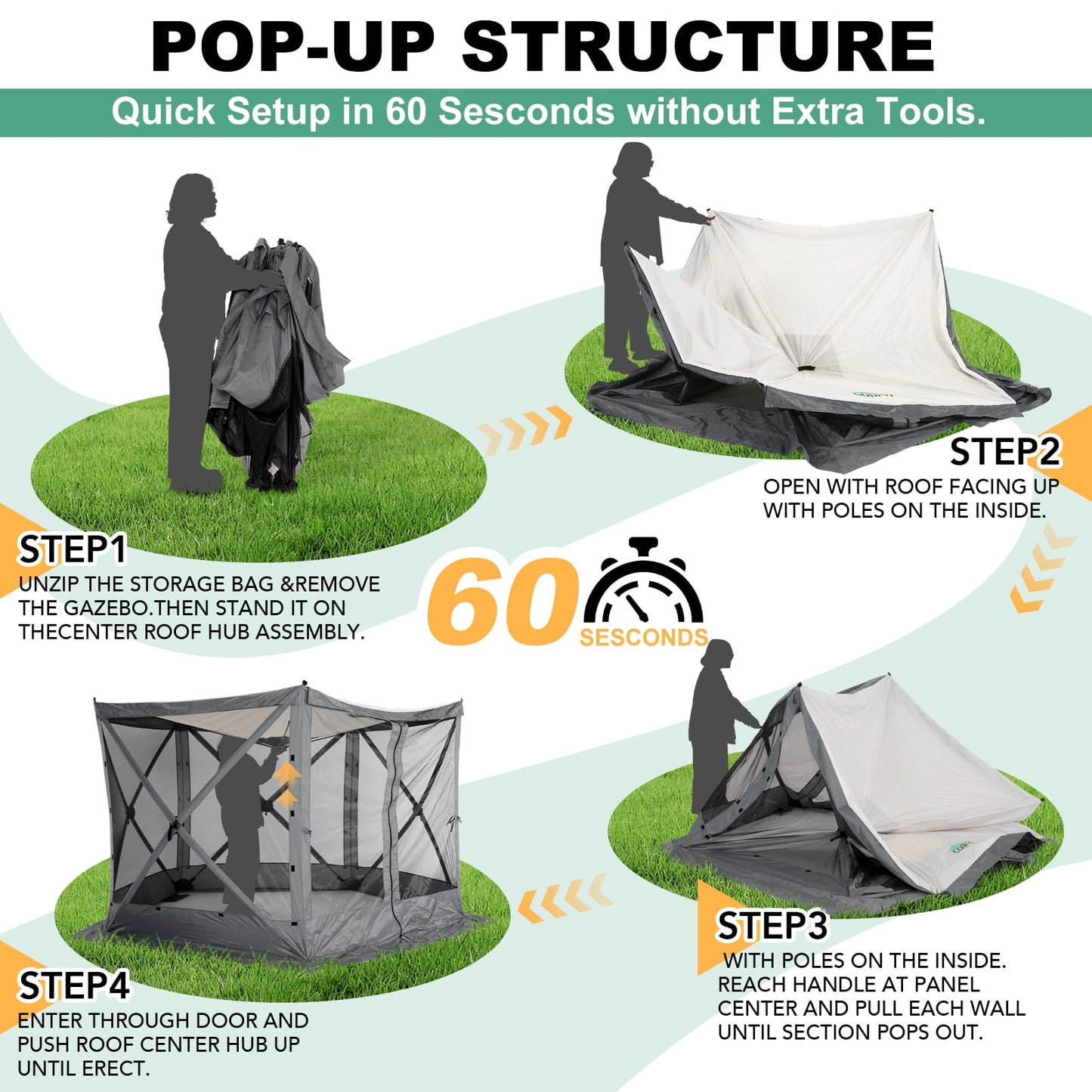 COBIZI 10x10 Pop up Gazebo Screen Tent Screen House for Camping,5 Sided Pop-up Camping Canopy Shelter Tent with Mesh Windows,Portable Outdoor Quick-set Hub Tent with Carrying Bag&Ground Stakes,Gray