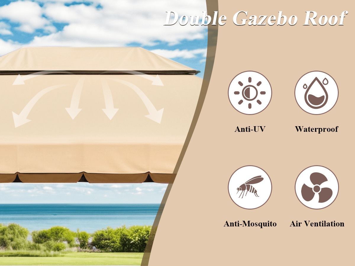 Grezone 10¡Á13 FT Deluxe No Screws Gazebo,Double Roof Outdoor Shelter Tent with Mosquito Nettings and Privacy Screens