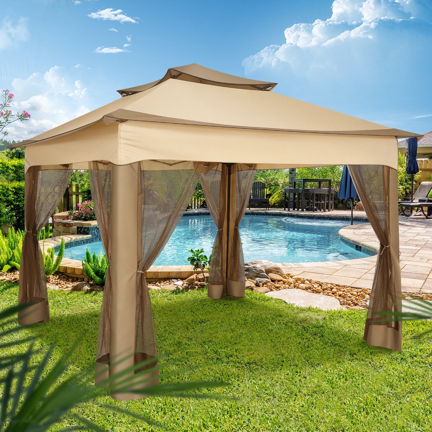 COBIZI 11x11 Pop up Gazebo Outdoor Canopy Gazebo Patio Gazebo with Mosquito Netting Canopy Shelter with 121 Square feet of Shade for Poolside, Garden, Party and Backyard, Khaki