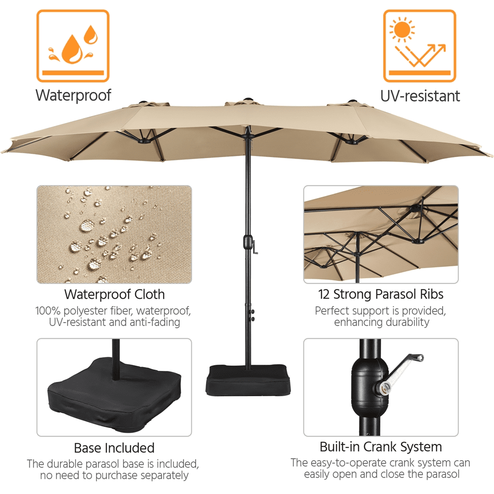 Renwick 15ft Double-Sided Twin Patio Outdoor Umbrella with Base, Tan