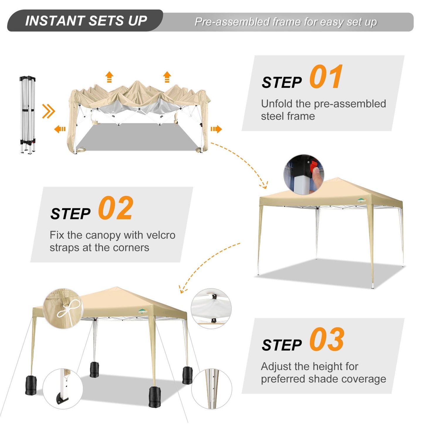 COBIZI 10x10 Ez Pop Up Canopy Tent, Commercial Instant Gazebo Tents for Parties, Waterproof Adjustable Outdoor Patio Backyard Canopy Party Tent,Khaki