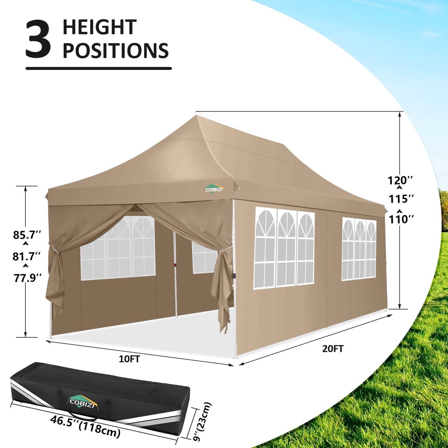 COBIZI 10x20 Pop up Canopy with 6 Removable Sidewalls,Outdoor Waterproof Canopy Tents for Partie Wedding,Instant Sun Protection Shelter with Upgrade Raised Roof and Carry Bag,Khaki