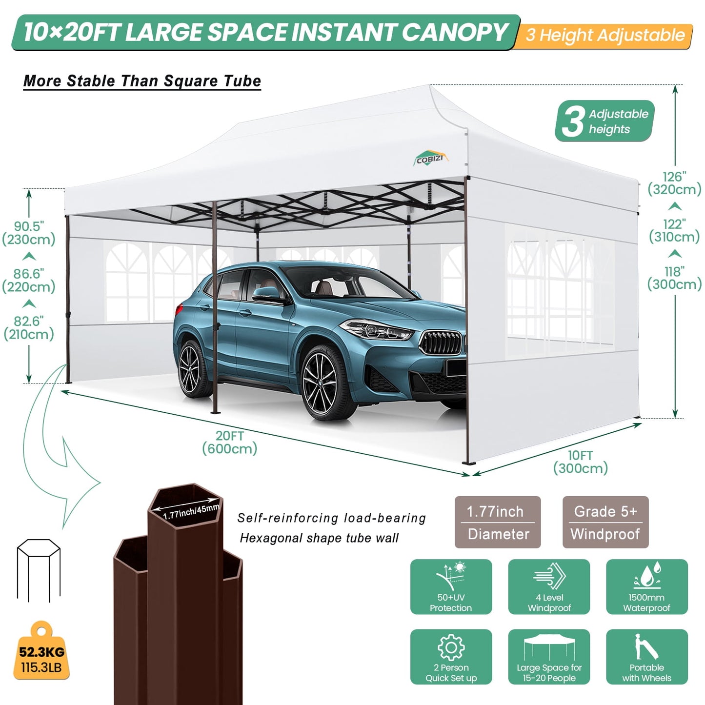 COBIZI 10x20 Pop Up Canopy Tent Heavy Duty with 6 Removable Sidewalls,Commercial Heavy Duty Pop Up Tent for Parties Waterproof and UV 50+ Wedding Tent with Roller Bag(White)