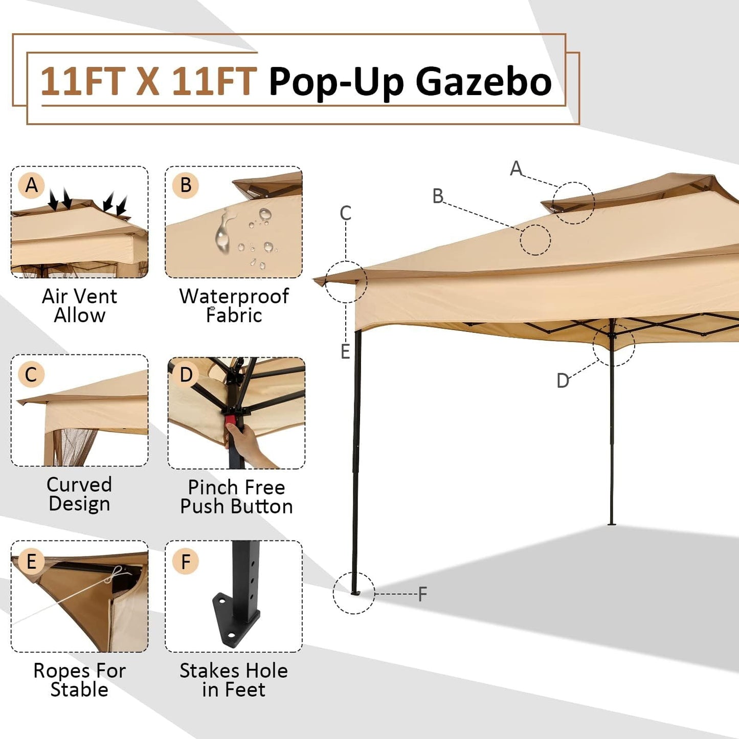Hoteel Gazebo Canopy Tent, Pop-up Canopy 11x11 Tents for Parties, Outdoor Gazebo with Mosquito Netting and Vented Roof, Screen House for Garden Patio Backyard, Khaki