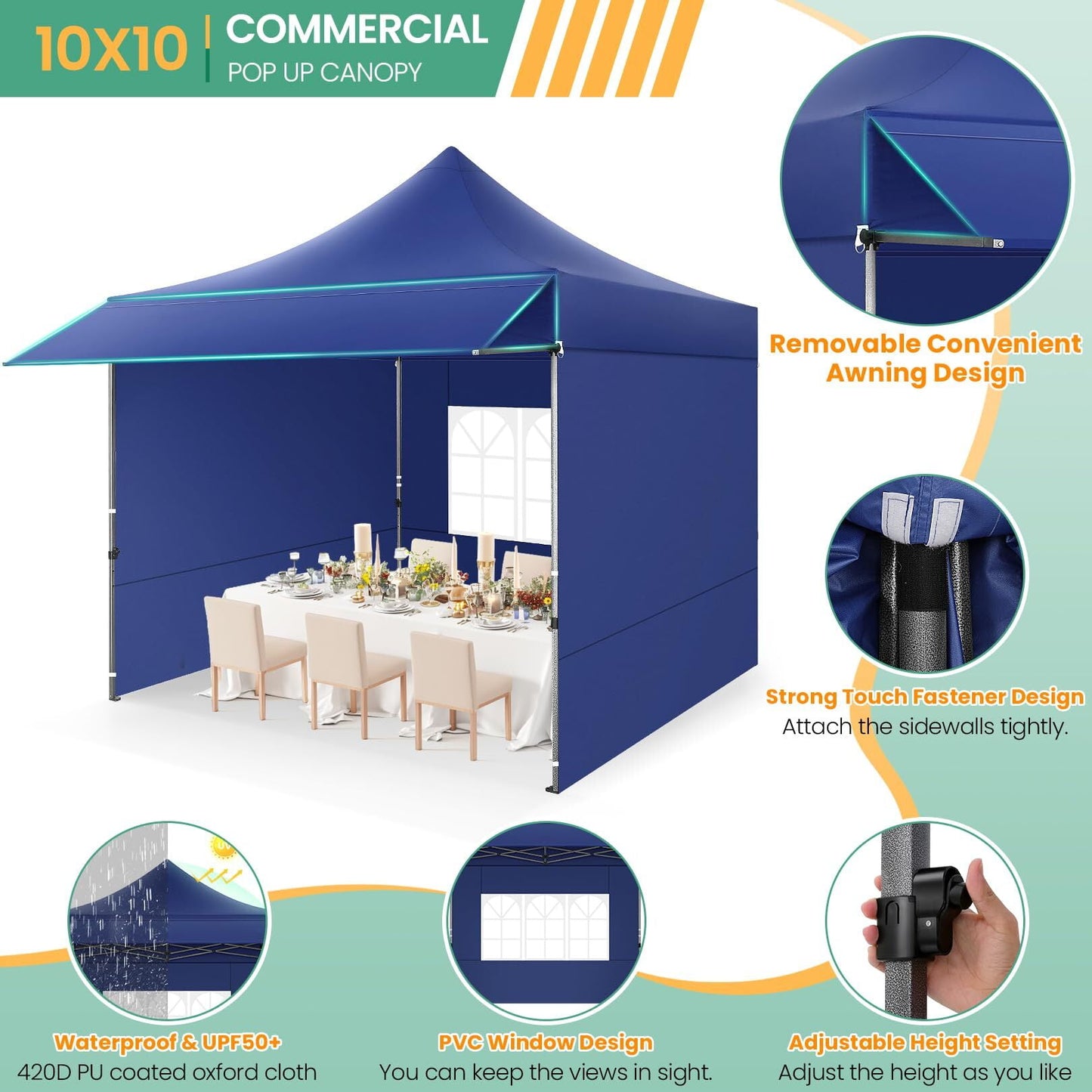 COBIZI 10x10 Pop Up Canopy Heavy Duty Party Tent with Removable Awning and Sidewalls,Easy Up Outdoor Wedding Commercial Canopy,Gazebo All Season Windproof&Waterproof UPF 50+,Black
