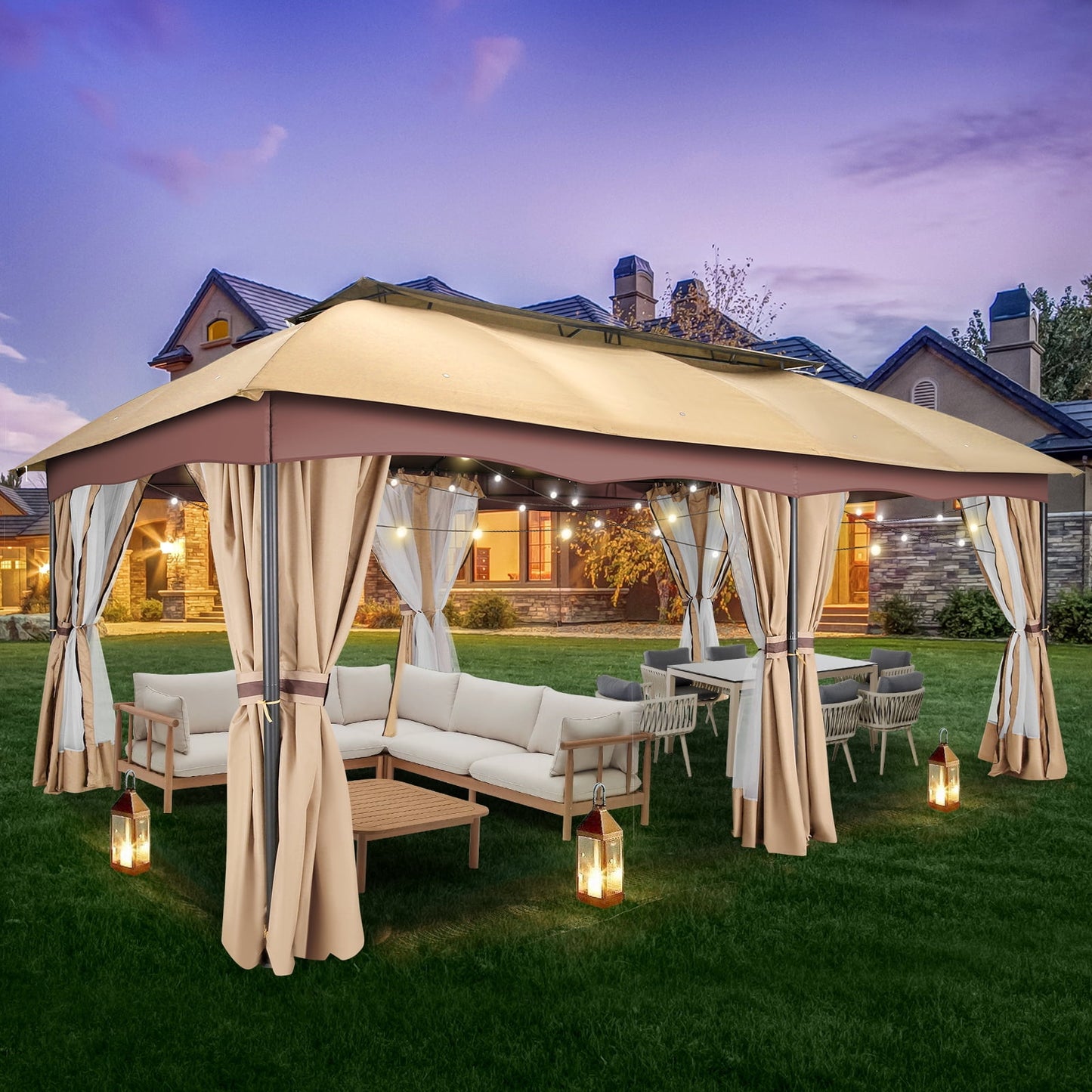 COBIZI Gazebo 12x20 Heavy Duty Patio Gazebo with Mosquito Netting Deck Gazebo with Metal Steel Frame Large Screen Gazebo Tent Waterproof with Double Roof for Party, Backyard, Deck, Garden, Khaki