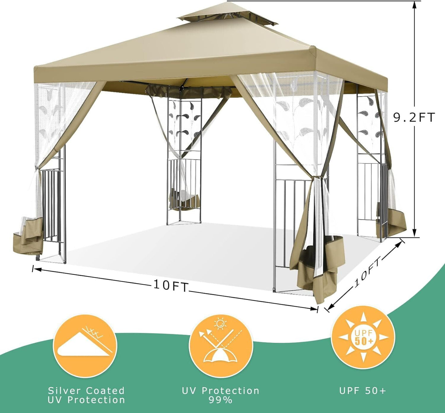 COBIZI Gazebo 10x10 Outdoor Gazebo Patio Gazebo with Mosquito Netting, Heavy Duty Gazebo Double Roof Outdoor Canopy with Sturdy Metal Frame Gazebo Tent for Patio, Deck, Backyard (Khaki, New)