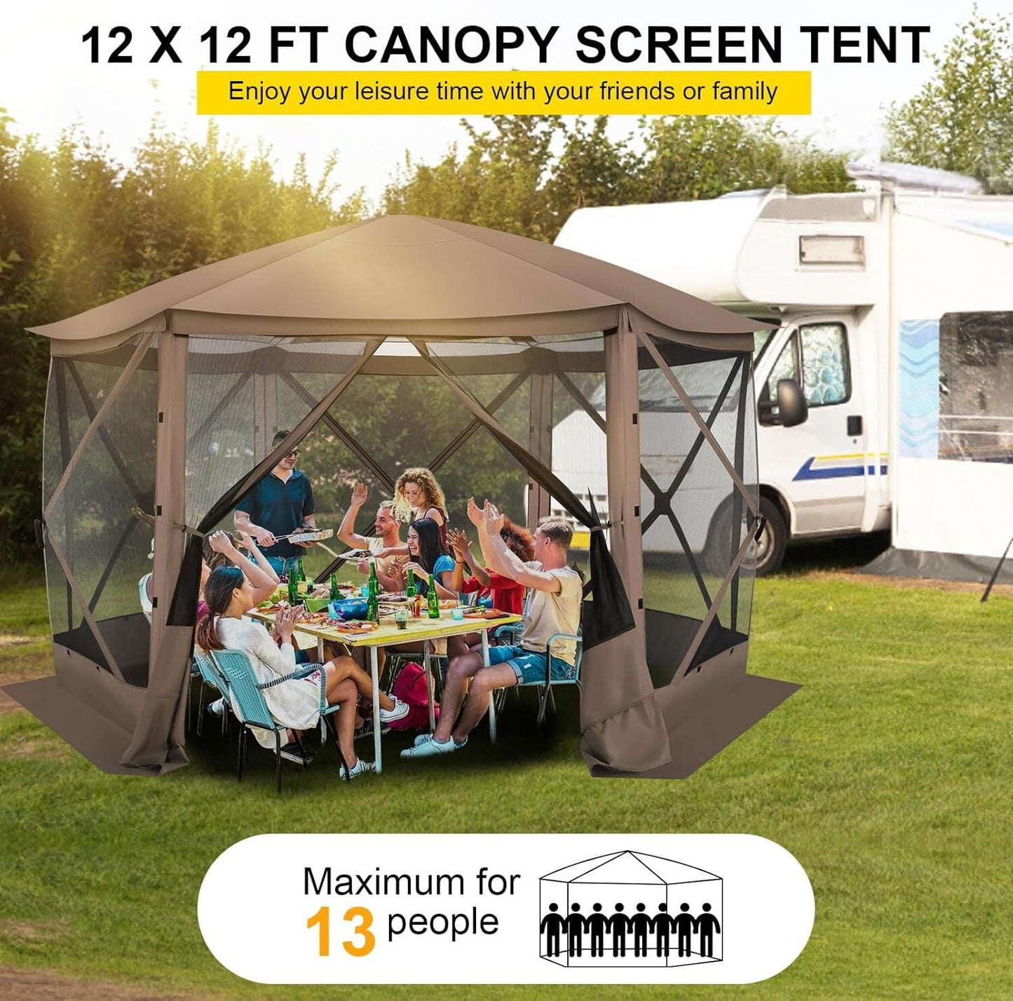 COBIZI 12x12 Pop-up Gazebo Starry Sky Screen Canopy Tent Screen House for Camping, Screen Room with Mosquito Netting, Hub Tent Instant Screened Canopy with Carrying Bag and Ground Stakes, Brown
