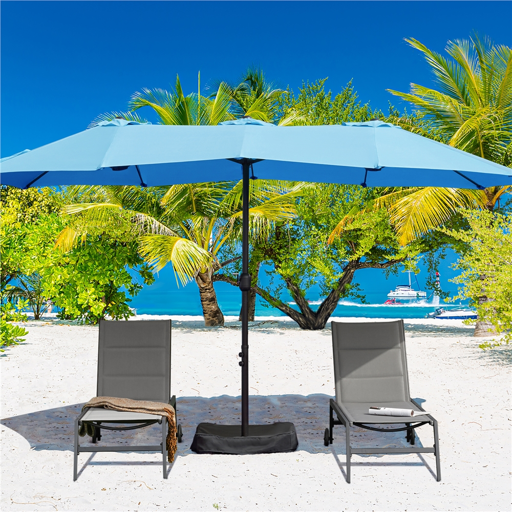 Renwick 15ft Double-Sided Twin Patio Outdoor Umbrella with Base, Sky Blue