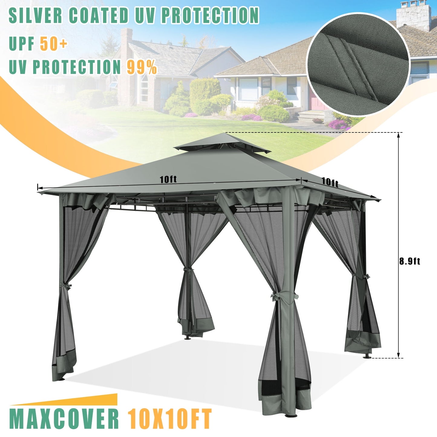 COBIZI Easy Assembly Outdoor Furniture Patio Canopy,10x10 Outdoor Gazebo with Mosquito Netting,Shade Tent for Party, Backyard, Deck, Patio Lawn & Garden,Gray