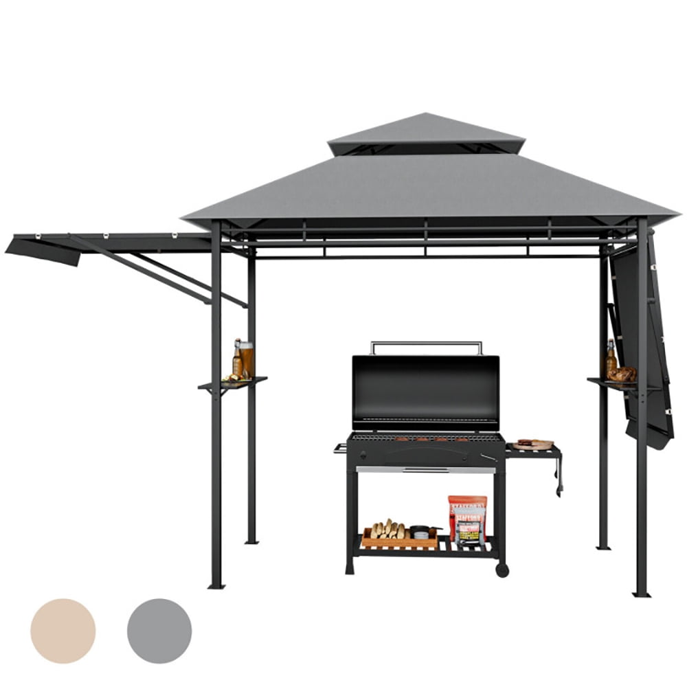 GVN 13.5 x 4 Feet Patio BBQ Grill Gazebo Canopy with Dual Side Awnings-Gray, Outdoor Patio Gazebo with Hardtop Roof for Garden, Backyard and Deck