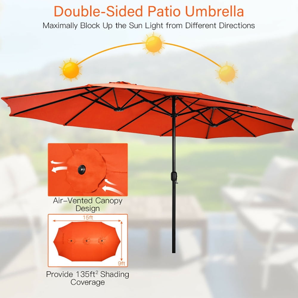GVN 15 Feet Double-Sided Twin Patio Umbrella with Crank and Base-Orange, Outdoor Table Umbrella, Outdoor Umbrella, Market Umbrella for Outdoor Patio Backyard Garden Lawn Sun Shade