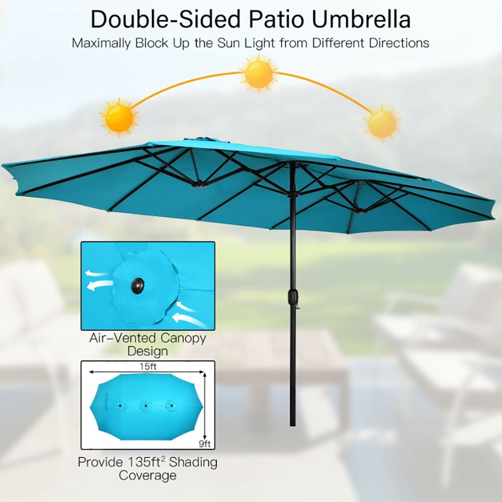 GVN 15 Feet Double-Sided Twin Patio Umbrella with Crank and Base-Turquoise, Outdoor Table Umbrella, Outdoor Umbrella, Market Umbrella for Outdoor Patio Backyard Garden Lawn Sun Shade