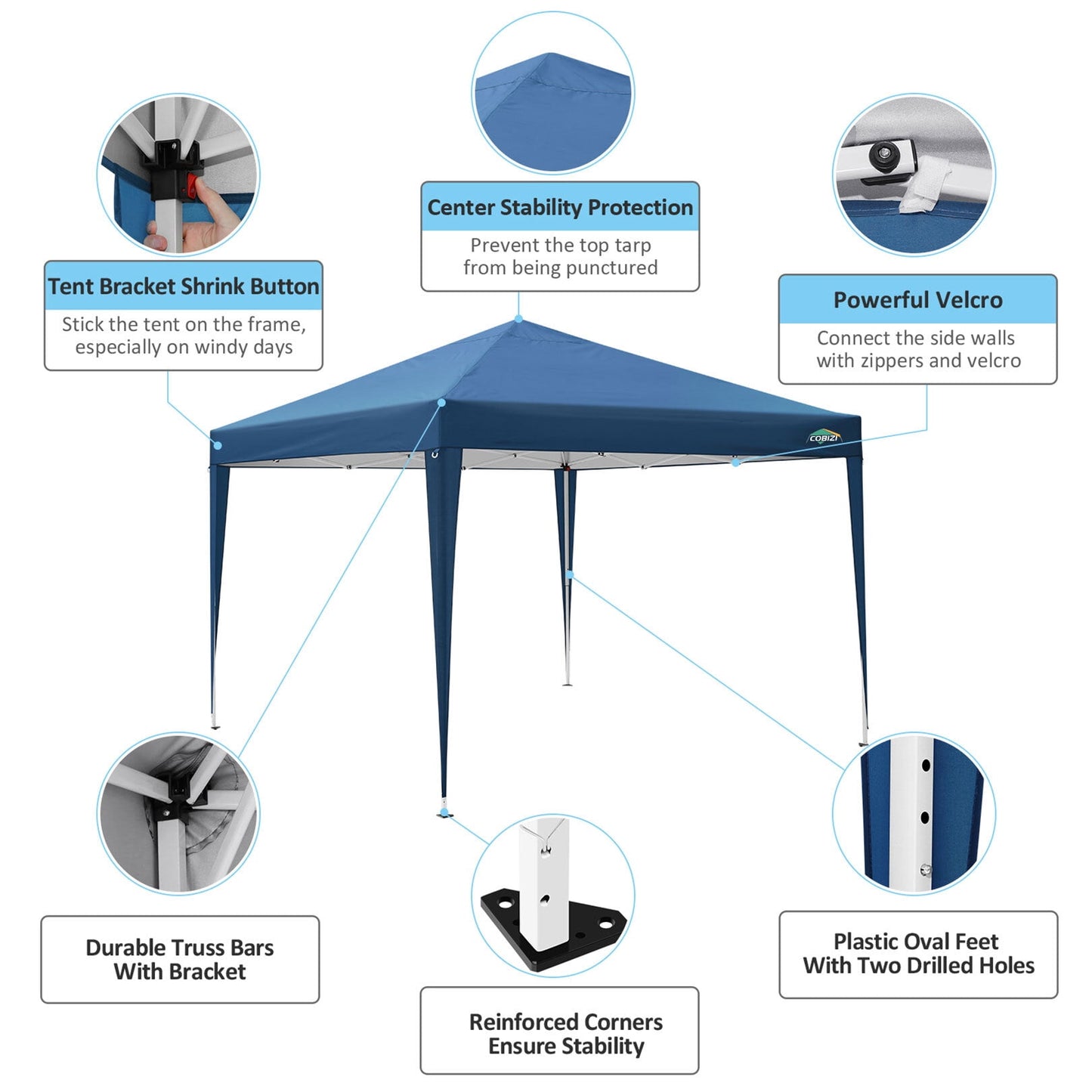 COBIZI 10'x10' Pop Up Canopy Waterproof Canopy with 4 Sidewalls Outdoor Commercial Instant Shelter Beach Camping Canopy Tent for Party, Blue