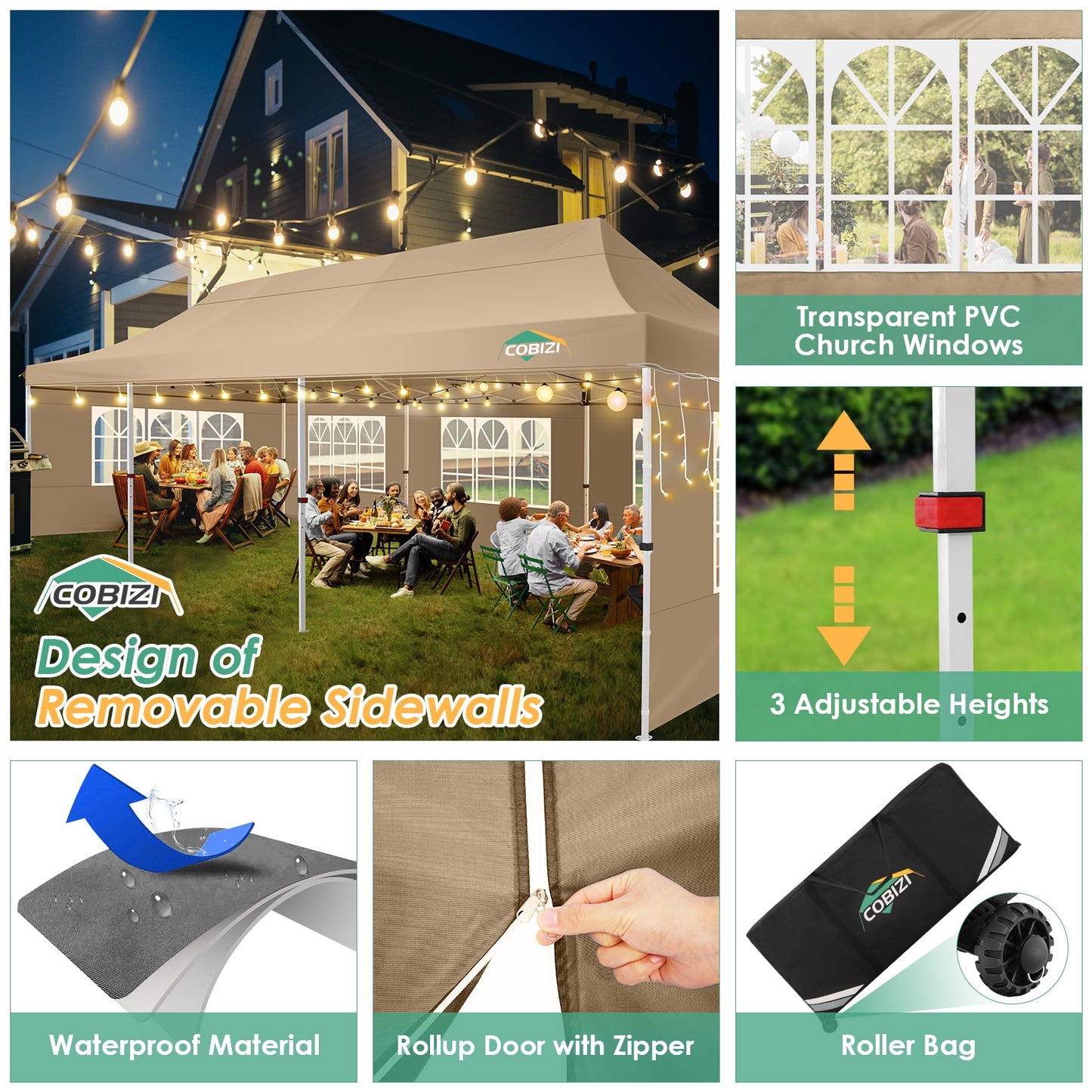 COBIZI 10x30 Pop-up Canopy Outdoor Wedding Party Tent Patio Gazebo Commercial Canopy Tent with Sidewalls Khaki