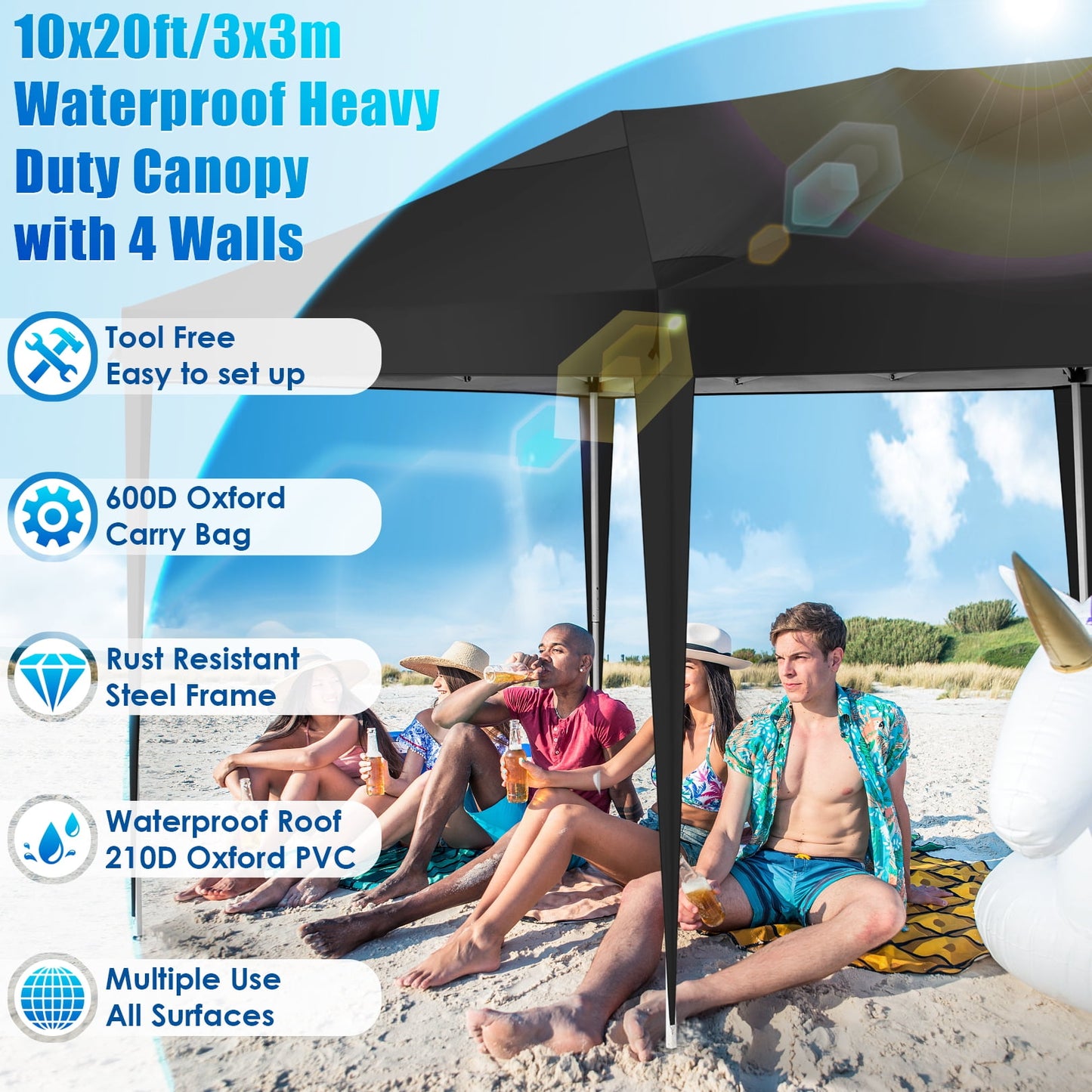 COBIZI 10x20 EZ Pop Up Canopy Tent Party Tent Outdoor Event Protable Instant Shelter Canopy Gazebo with 6 Removable Sidewalls and Carry Bag,Black