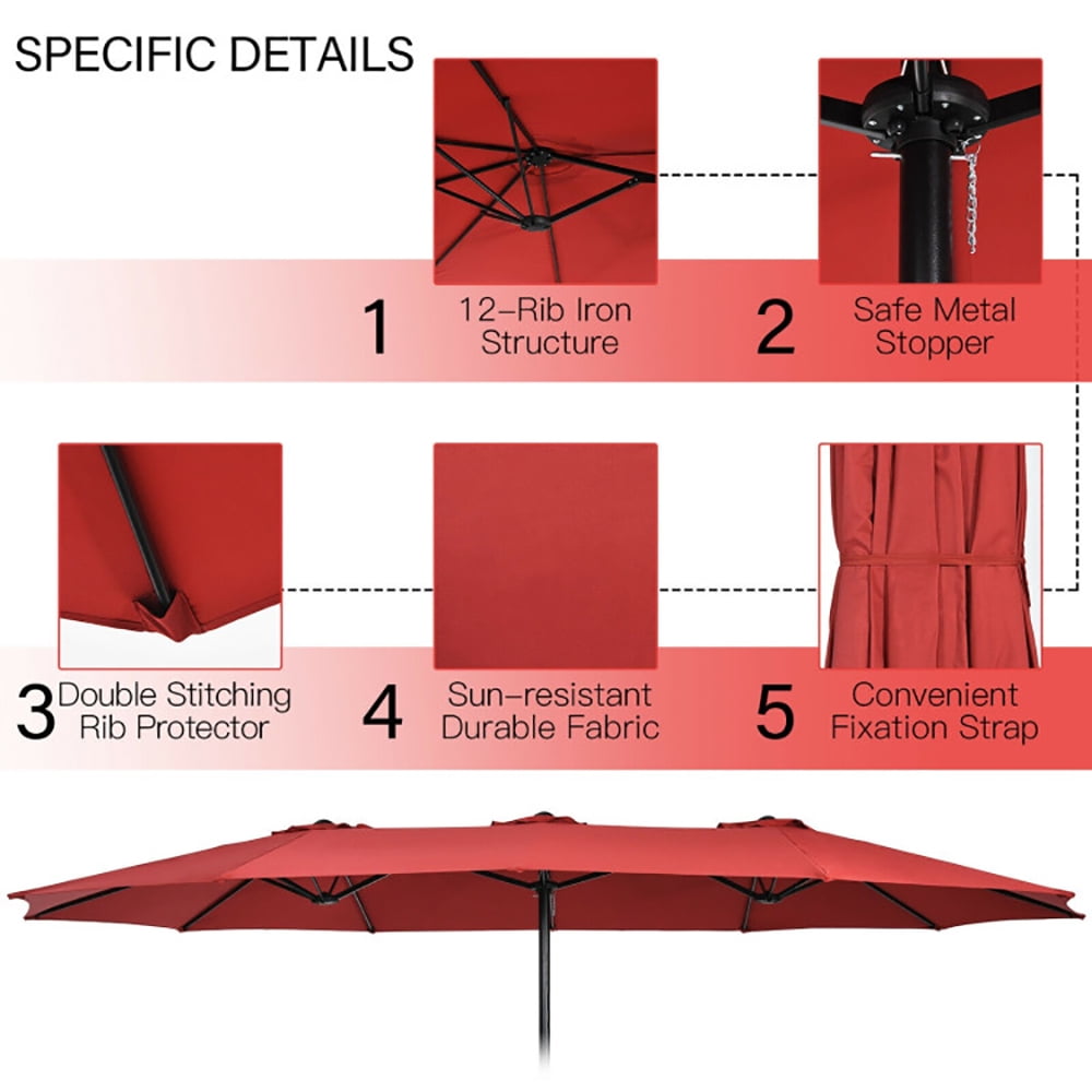 GVN 15 Feet Double-Sided Twin Patio Umbrella with Crank and Base-Red, Outdoor Table Umbrella, Outdoor Umbrella, Market Umbrella for Outdoor Patio Backyard Garden Lawn Sun Shade