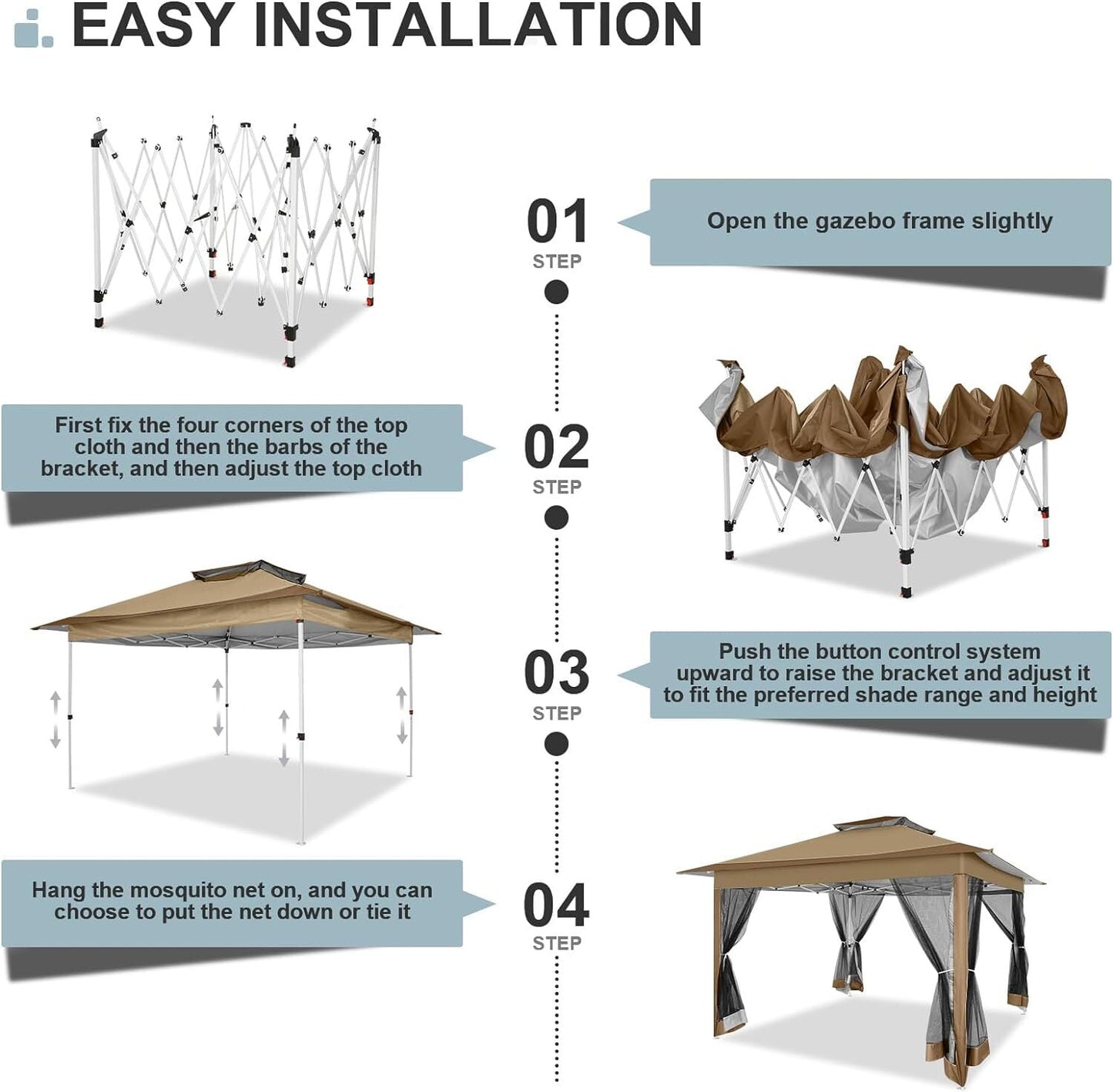 COBIZI 12x12 Zip Side Easy Outdoor Gazebo, Pop-up Canopy Mosquito Netting Patio Tent, Adjustable Height, Brown