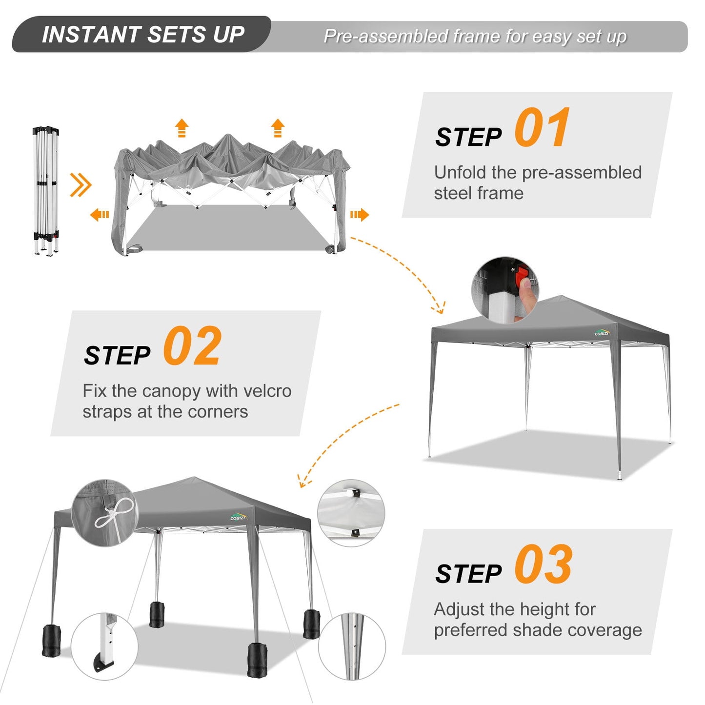 COBIZI 10x10 Ez Pop Up Canopy Tent,Commercial Instant Gazebo Tents for Parties,Waterproof Adjustable Outdoor Patio Backyard Canopy Party Tent,Gray