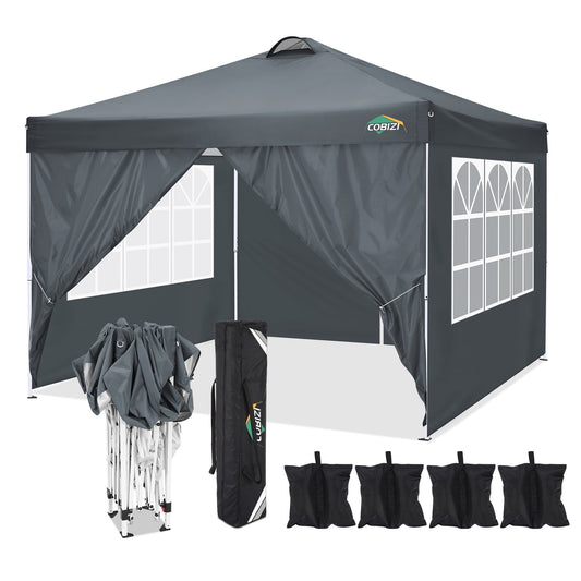 COBIZI 10' x 10' Pop-up Canopy,Easy Pop-up Canopy Tent for Outdoor Waterproof Instant Outdoor Folding Party Tent Shelter with 4 Removable Sidewalls,Air Vent, 4 Sandbags, Carrying Bag, Black