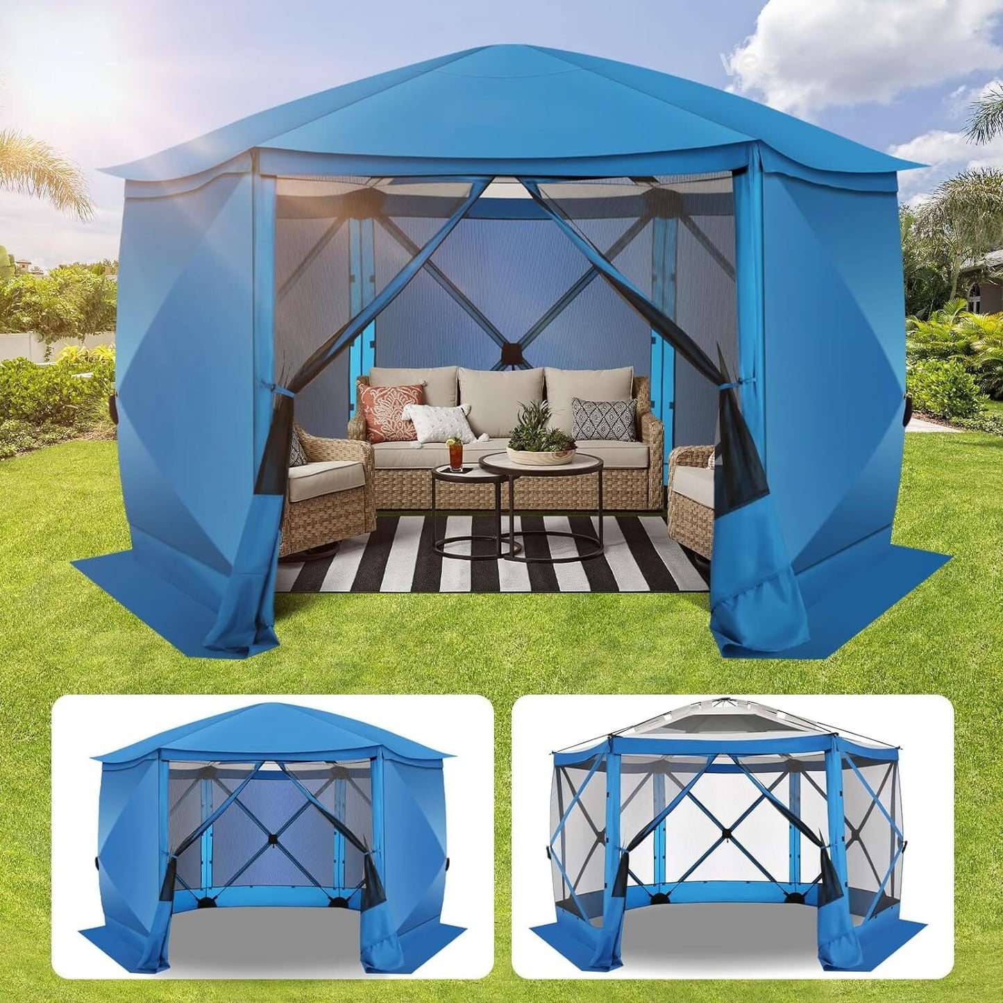 COBIZI 12x12 Pop-up Gazebo Starry Sky Screen Canopy Tent Screen House with 5 sidewalls and Mosquito Nettings for Camping, Hub Tent Instant Screened Canopy with Carrying Bag and Ground Stakes, Blue