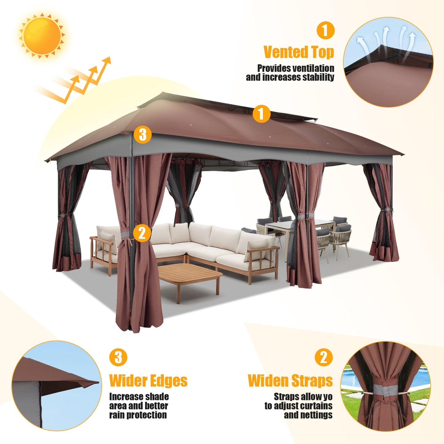 Hoteel 12X20 Heavy Duty Gazebo Outdoor Gazebo with Mosquito Netting and Curtains, Canopy Tent Deck Gazebo with Double-Arc Roof Ventiation and Metal Steel Frame Suitable for Lawn, Backyard, Patio,Brown