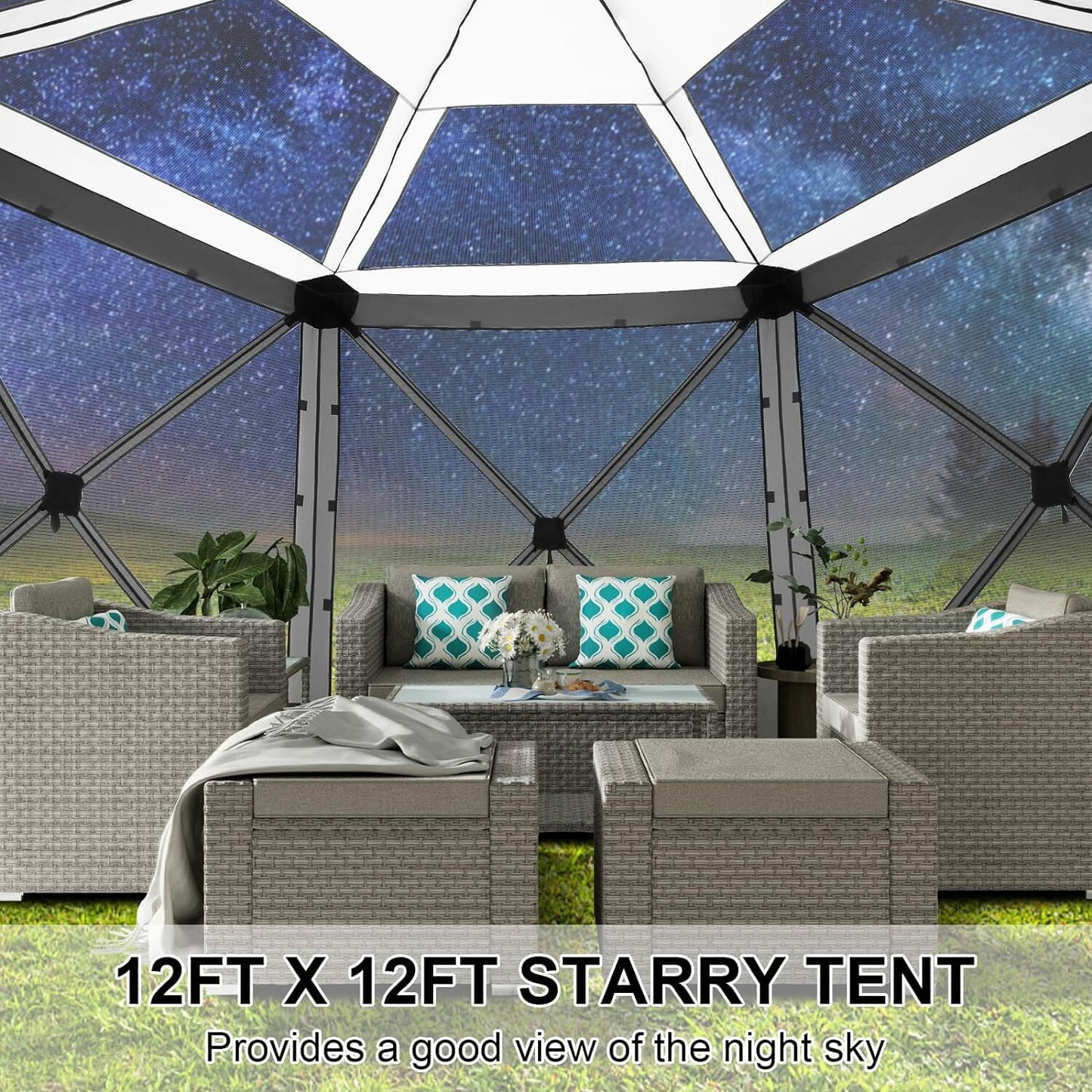 COBIZI 12x12 Pop-up Gazebo Starry Sky Screen Canopy Tent Screen House for Camping, Screen Room with Mosquito Netting, Hub Tent Instant Screened Canopy with Carrying Bag and Ground Stakes, Gray