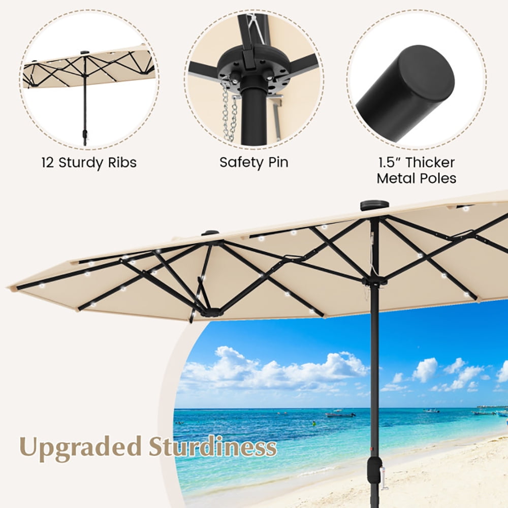 GVN 13FT Double-sided Patio Umbrella with Solar Lights for Garden Pool Backyard-Beige, Patio Offset Umbrella with Easy Tilt Adjustment, Cantilever Patio Umbrellas, Sunshade Umbrella Canopy