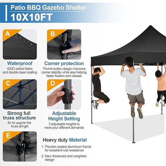 COBIZI 10 x 10 Heavy Duty Pop-up Canopy Tent with Adjustable Height, UPF 50+ Waterproof and Instant Outdoor Shelter, Outdoor Tent Includes 4 Sandbags, and Carrying Bag,Black
