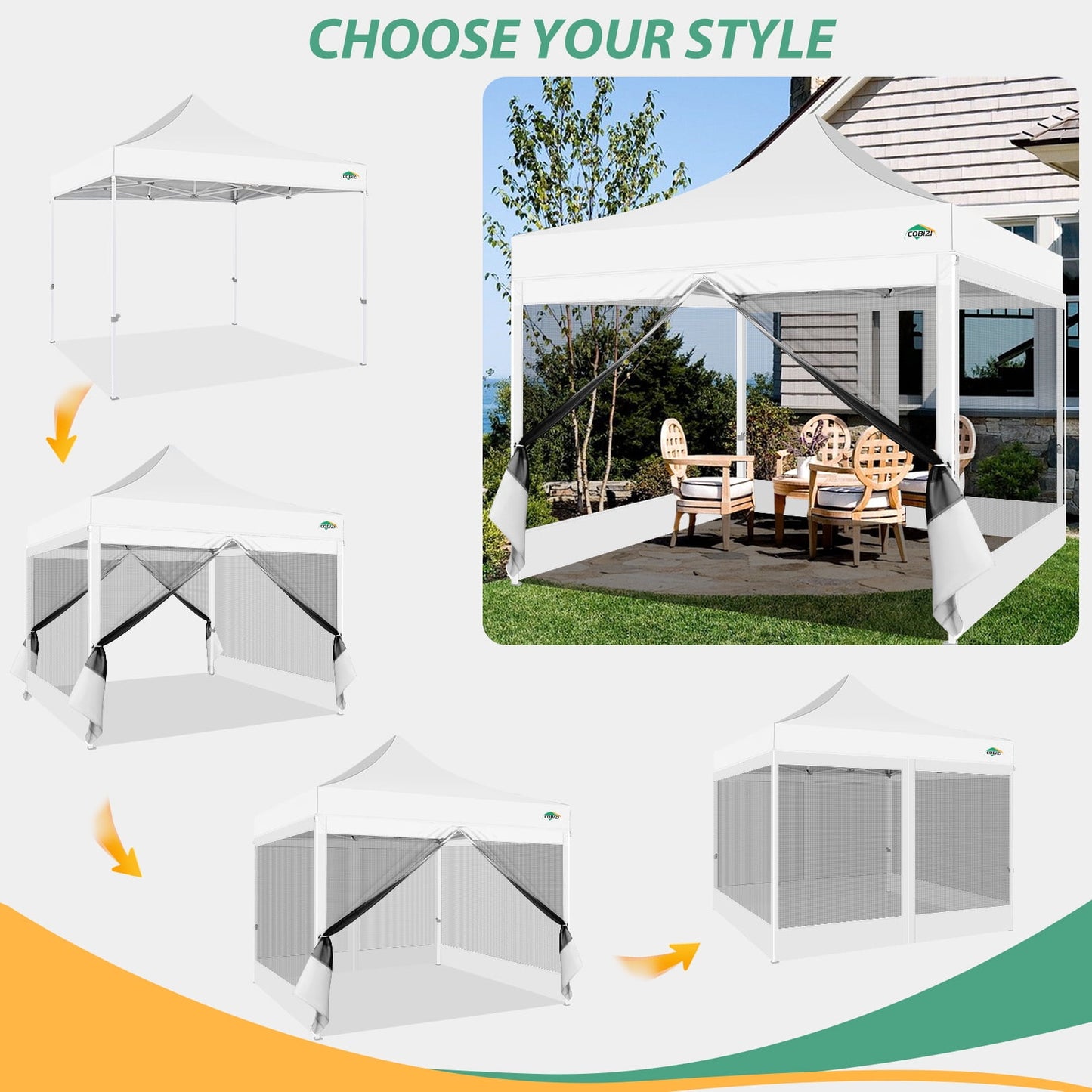 COBIZI 10X10 Heavy Duty Pop up Canopy with Mosquito Net,Instant Outdoor Shelter Large Canopy Tent for Outside,Gazebo with Mesh Sidewalls for Party,Backyard,Camping,White