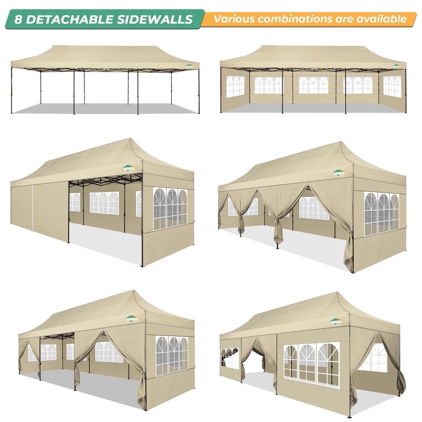 COBIZI Heavy Duty 10x30 Party Tent,Commercial pop up Canopy for Parties,Waterproof Gazebos, 8 Sidewalls,Waterproof UPF50+,Khaki