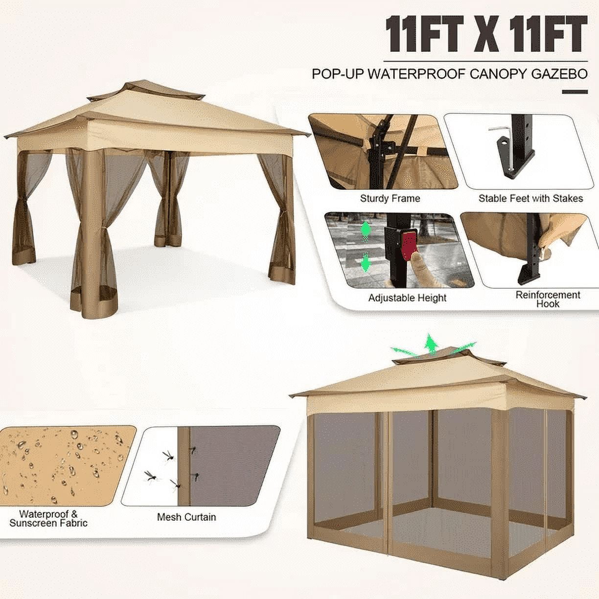 COBIZI Outdoor Canopy Gazebo 11x11 Pop-up Gazebo Patio Gazebo with Mosquito Netting Outdoor Canopy Shelter with 121 Square feet of Shade for Outdoor Lawn, Garden, Party, Backyard and Deck, Khaki