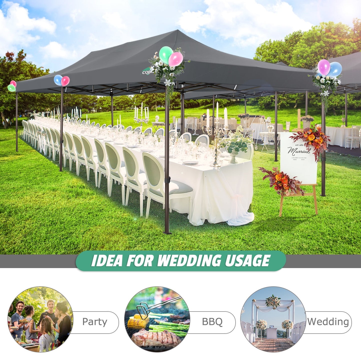 COBIZI 10x20 Pop Up Heavy Duty Canopy Tent with 4 Sandbags, Commercial Pop Up Tent for Parties All Weather Waterproof and UV 50+ Wedding Tent with Roller Bag, Outdoor Gazebo for Patio,gray