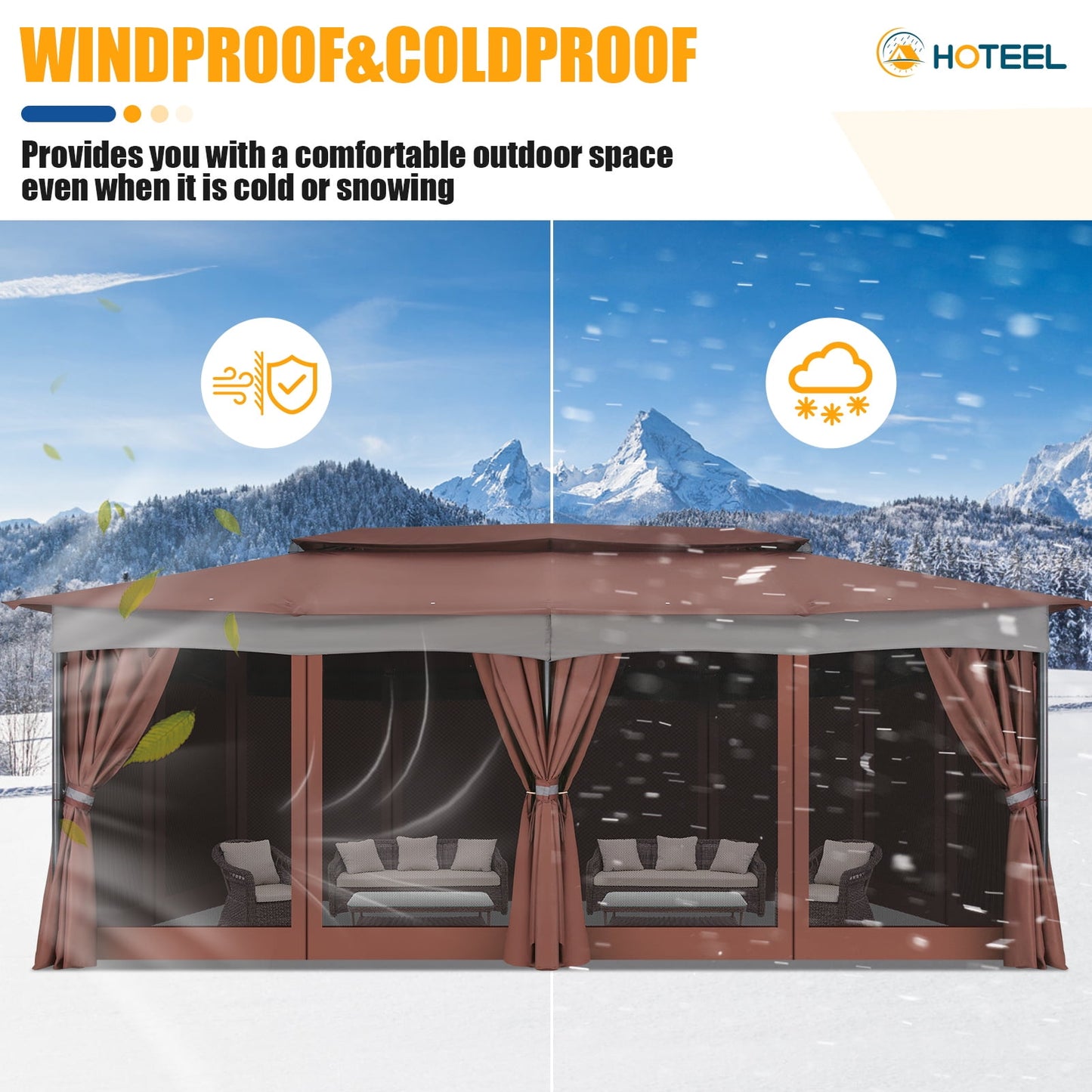 Hoteel Outdoor Gazebo 12x20 Patio Gazebo with Netting and Curtains Waterproof Gazebo with Double Roof Large Backyard Gazebo with Metal Steel Frame for Backyard, Lawn, Party, Garden, Brown