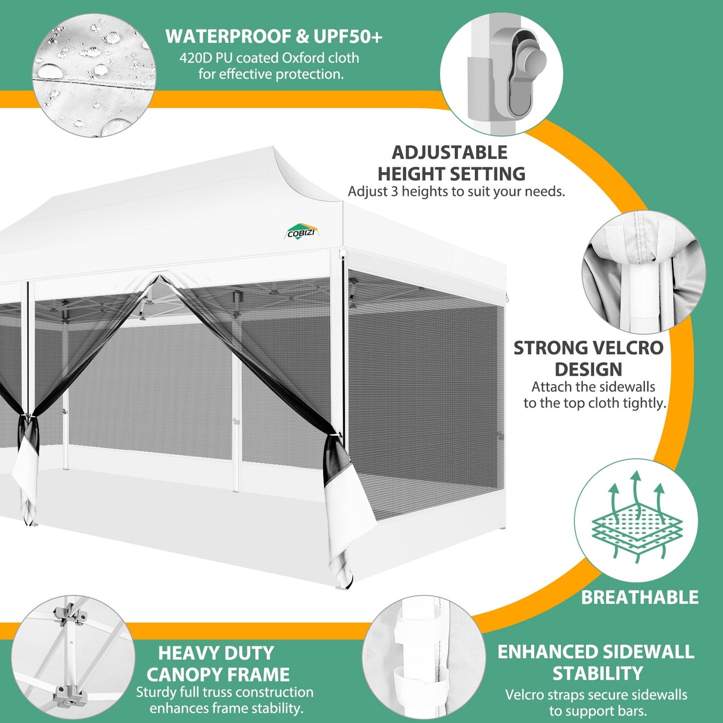 COBIZI 10x20 Heavy Duty Pop up Canopy with Mosquito Net,Instant Outdoor Shelter Large Canopy Tent for Outside,Gazebo with Mesh Sidewalls for Party,Backyard,Camping,White