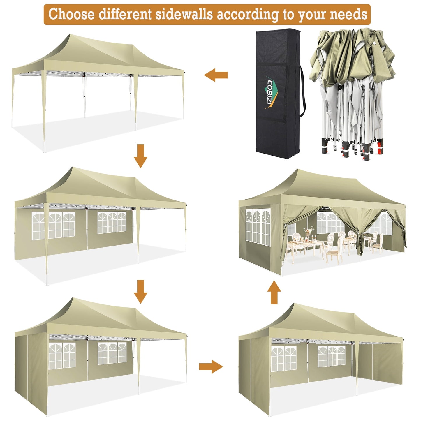 COBIZI 10x20 Pop-up Canopy Tent, Outdoor Events Canopy Tent with 6 Removable Sidewalls,for Backyard, Parties, Wedding, Khaki