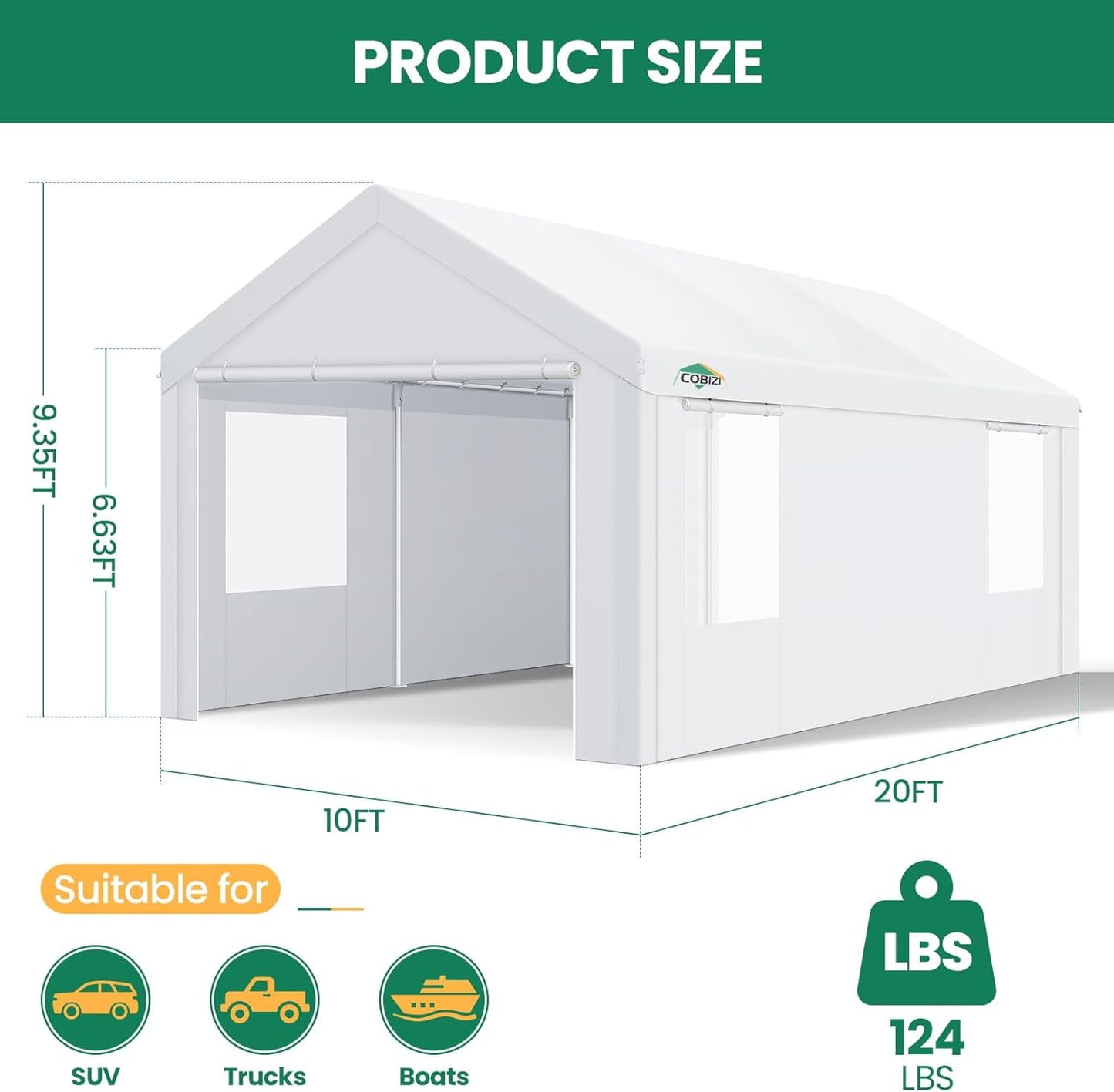 COBIZI Heavy Duty Party Tent, 10x20ft Large Ourdoor Carport Canopy Wedding Tent with Removable Sidewalls, White Tent for Party, Carpas para Fiestas, Canopy Tent with Built-in Sandbags, UV 50+
