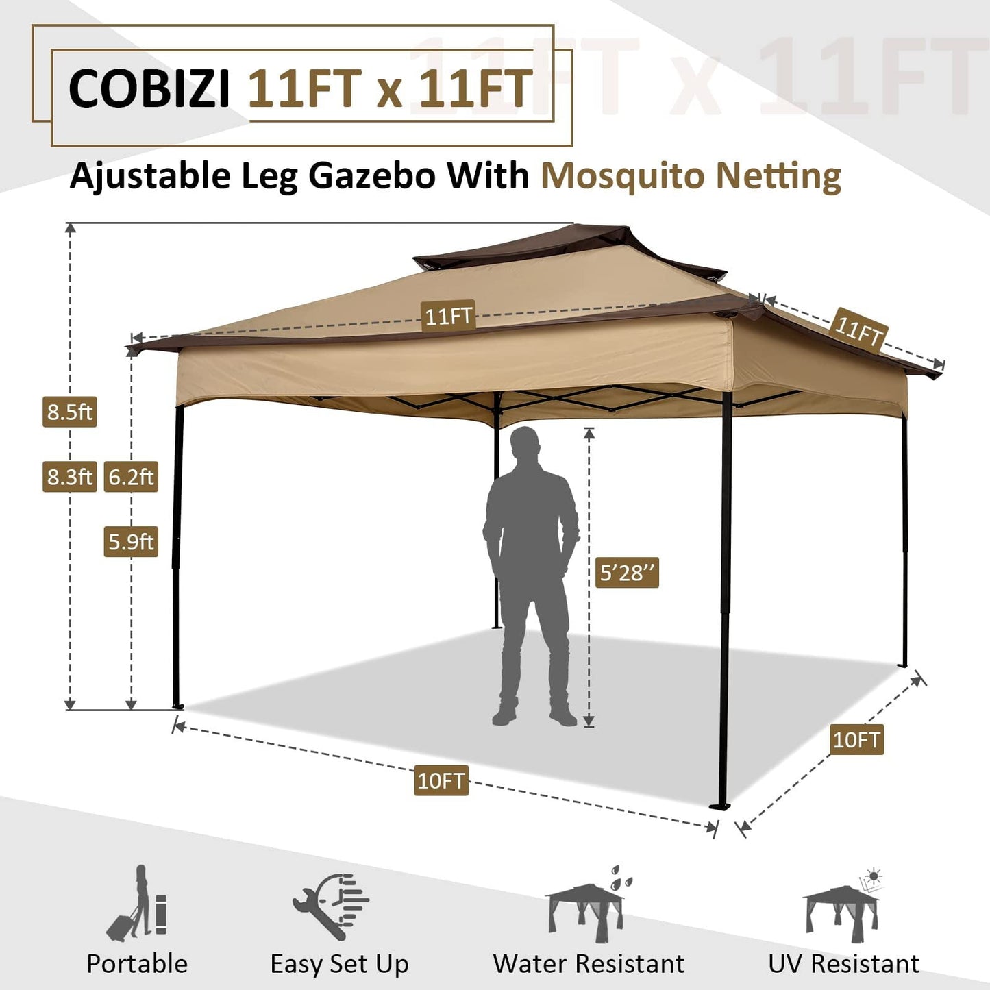 COBIZI Outdoor Canopy Gazebo 11x11 Pop-up Gazebo Patio Gazebo with Mosquito Netting Outdoor Canopy Shelter with 121 Square feet of Shade for Outdoor Lawn, Garden, Backyard and Deck, Brown