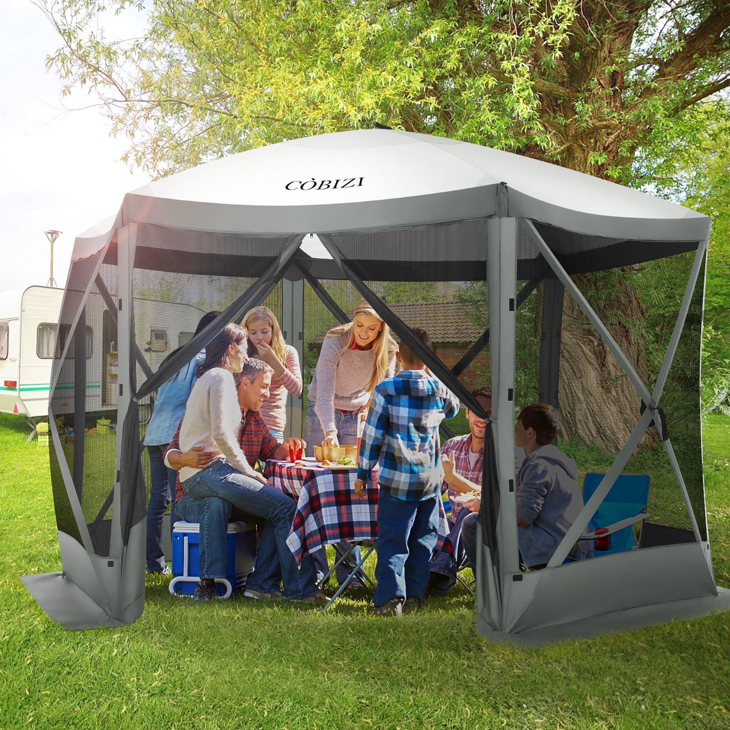 COBIZI 12'x12' Outdoor Mesh Gazebo, UV & Water Resistant, Portable Camping Tent, Light Blue