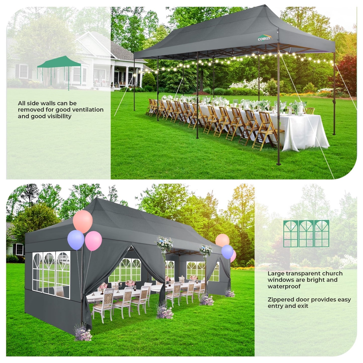 COBIZI Heavy Duty 10x30 Party Tent,Commercial pop up Canopy for Parties,Waterproof Gazebos, 8 Sidewalls,Waterproof UPF50+,Stable Thickened Frame,Gray