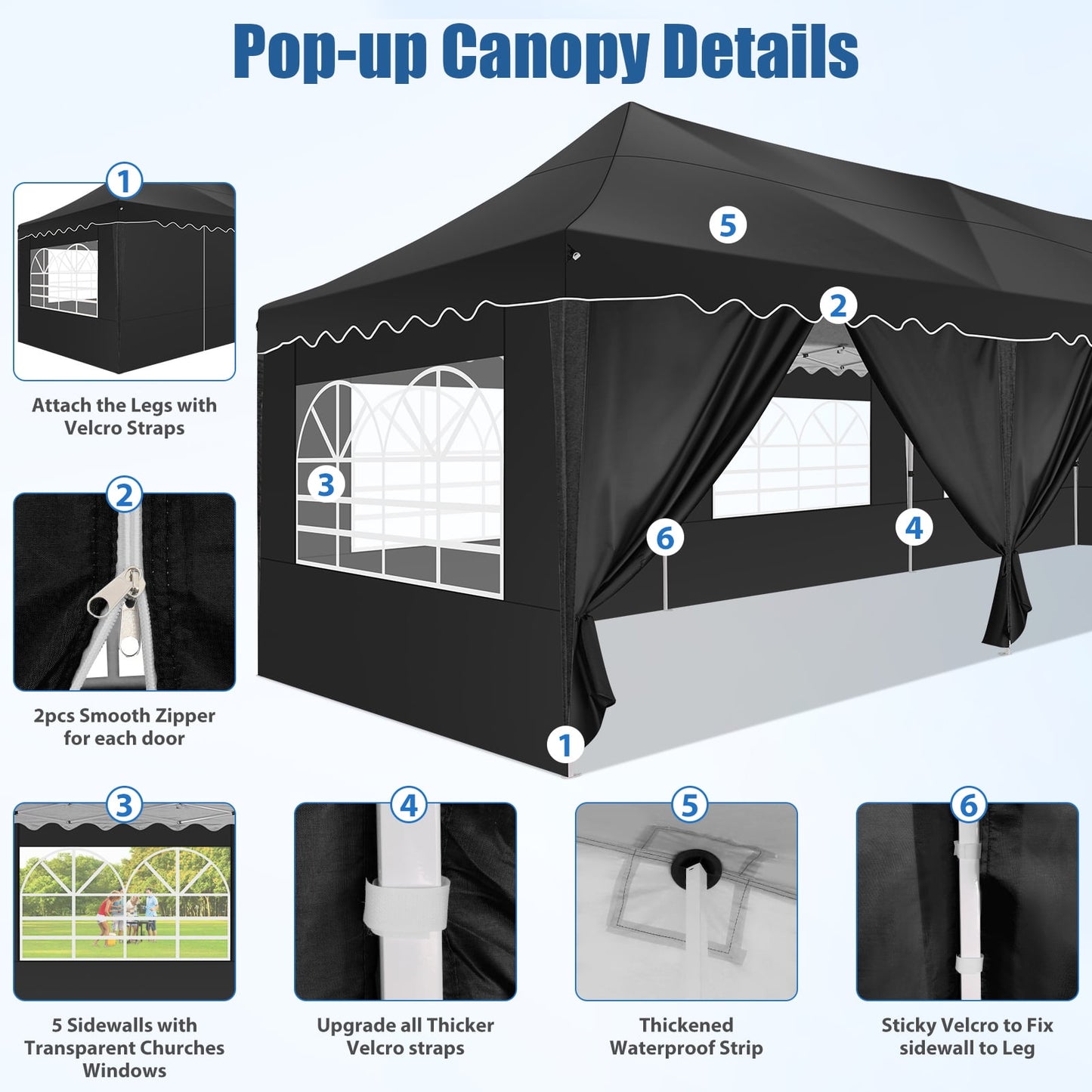 COBIZI 10x30 Pop-up Canopy Tent with 8 Sidewalls,UPF 50+ Windproof 2000+Waterproof Wedding Event Tents for Outdoor Events,Party Parties Canopy with Roller Bag,Black