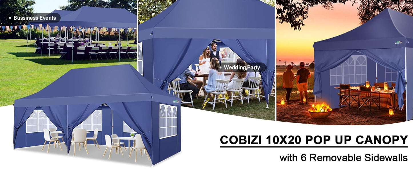 COBIZI 10x20 Pop up Canopy with 6 Removable Sidewalls,Outdoor Waterproof Canopy Tents for Partie Wedding,Instant Sun Protection Shelter with Upgrade Raised Roof and Carry Bag,Black