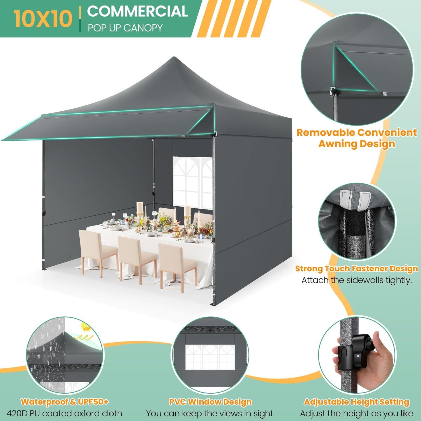 COBIZI 10x10 Pop Up Canopy Heavy Duty Party Tent with Removable Awning and Sidewalls,Easy Up Outdoor Wedding Commercial Canopy,Gazebo All Season Windproof&Waterproof UPF 50+,Black
