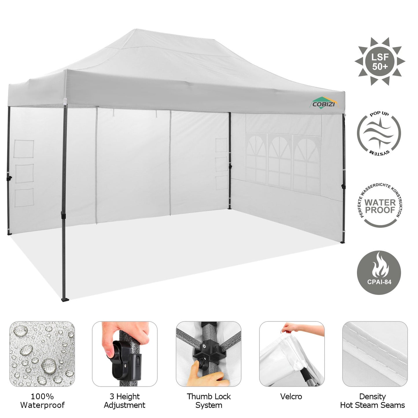 COBIZI 10x15ft Pop up Canopy, Easy up Heavy Duty Canopy Tent with 4 Removable Sidewalls,White
