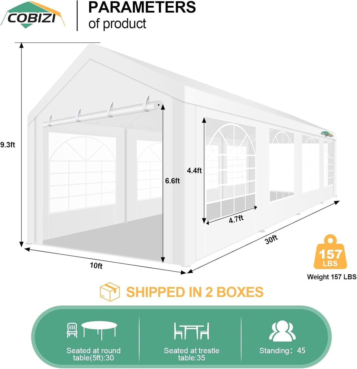 COBIZI 10x30ft Party Tent Heavy Duty, Wedding Tent, Event Tent for Parties, Carpas para Fiestas with 6 Removable Sidewalls, 10x30 Tent with Built-in Sandbag, UV50+, Waterproof, Carport, White