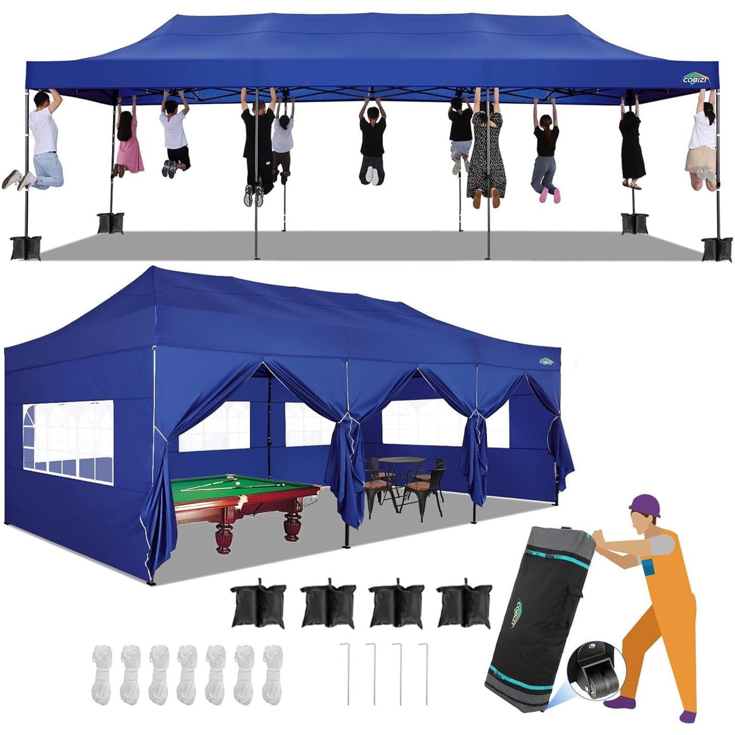 COBIZI 10x30 Heavy Duty Canopy with 8 Sidewalls,Outdoor Carport with Roller Bag,Pop up Tents for Parties,Wedding,Commercial,DarkBlue