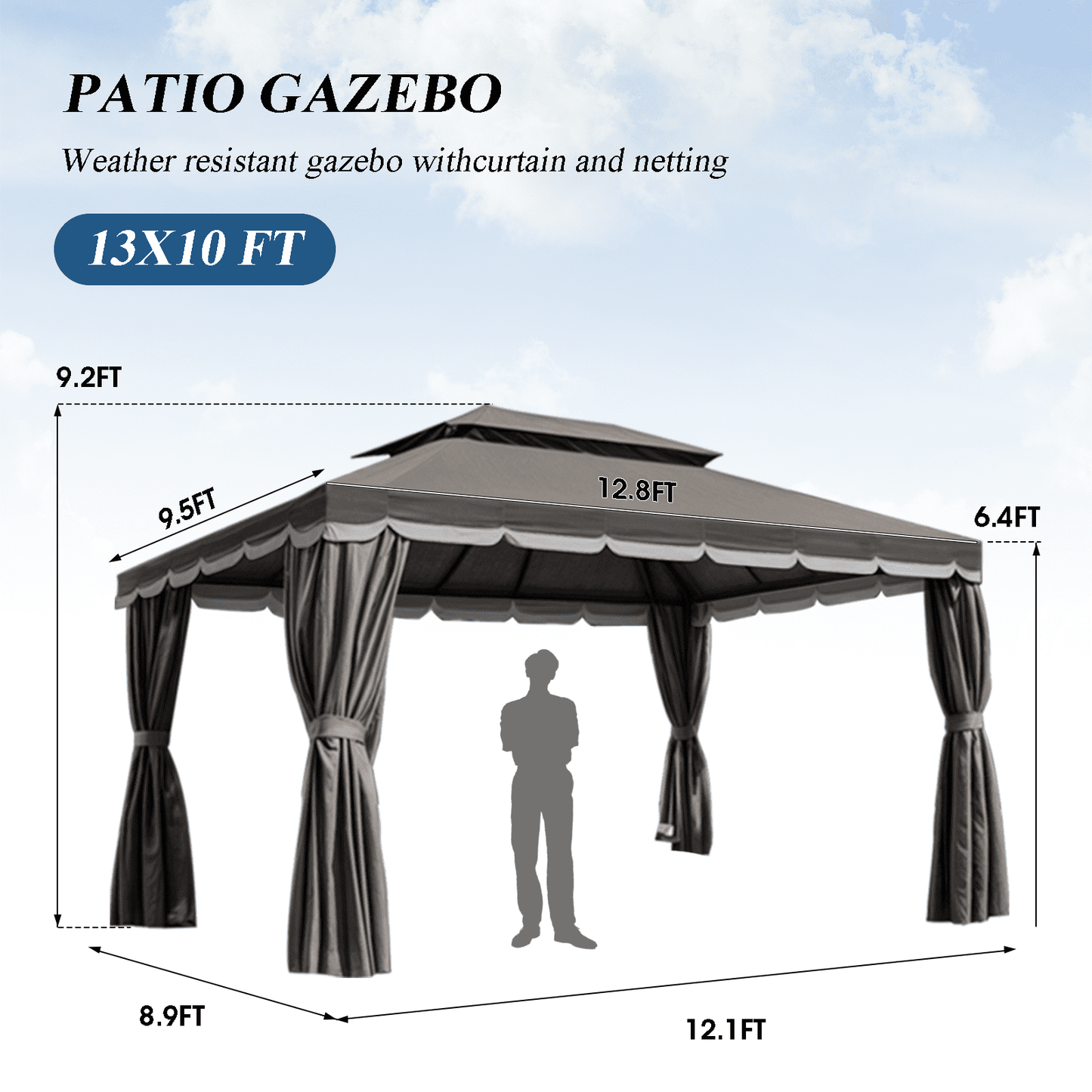 Grezone 10¡Á13 FT Deluxe No Screws Gazebo,Double Roof Outdoor Shelter Tent with Mosquito Nettings and Privacy Screens